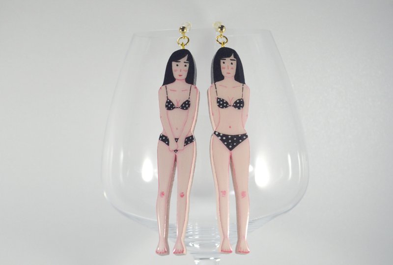 Black and white polka dot bikini girl humanoid long stud earrings hand-painted wooden - Earrings & Clip-ons - Wood Black