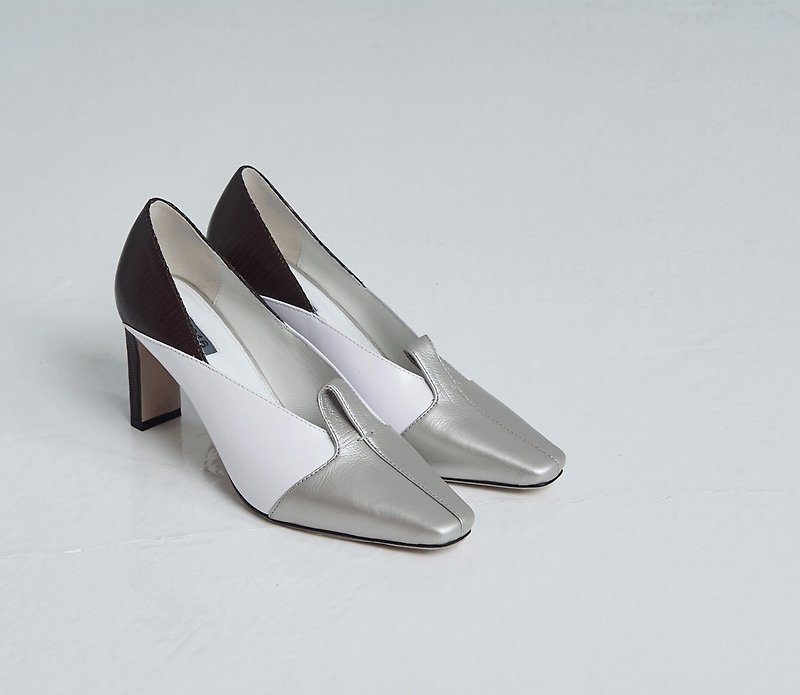 Square head simple and thick high-heeled champagne - High Heels - Genuine Leather Gray