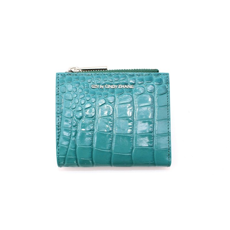 Turquoise crocodile embossed short clip - กระเป๋าสตางค์ - หนังแท้ สีเขียว