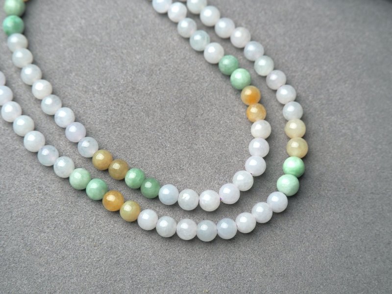 Ice-glutinous three-color jade beads string | Natural Grade A jade necklace - สร้อยคอ - หยก หลากหลายสี