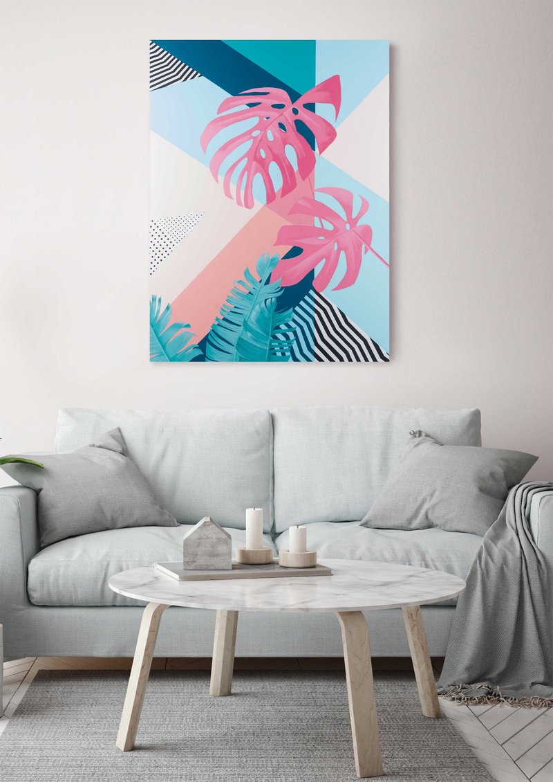 Pink Blue Painting |  Pink Blue Decor | Pink Blue Art | Wall Art | Pink Monstera - ตกแต่งผนัง - ผ้าฝ้าย/ผ้าลินิน 