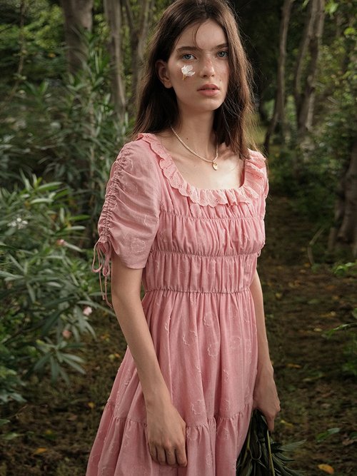 Mintcheese フレンチシャクヤクピンクシルク綿麻立体小花ワンピース