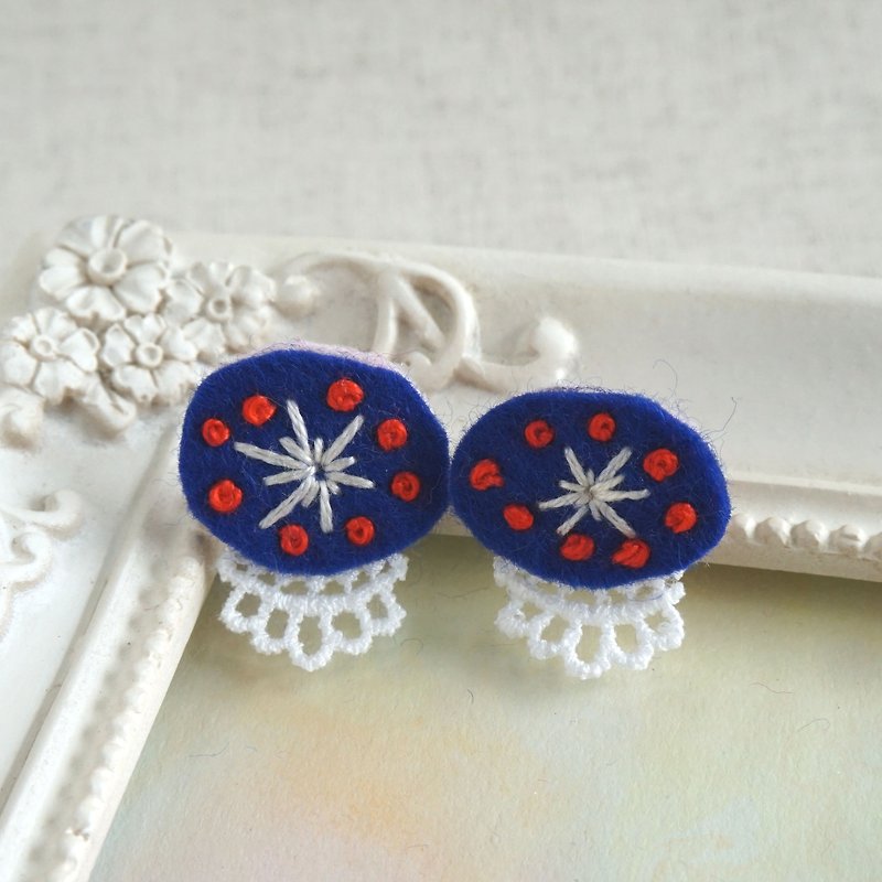 Hand embroidery pierced earring"Navy oval" - Earrings & Clip-ons - Thread Blue