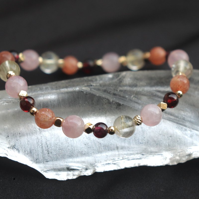 粉晶-石榴石-金太陽-金髮晶-招財-開運-水晶手鍊 - 手鍊/手環 - 水晶 多色