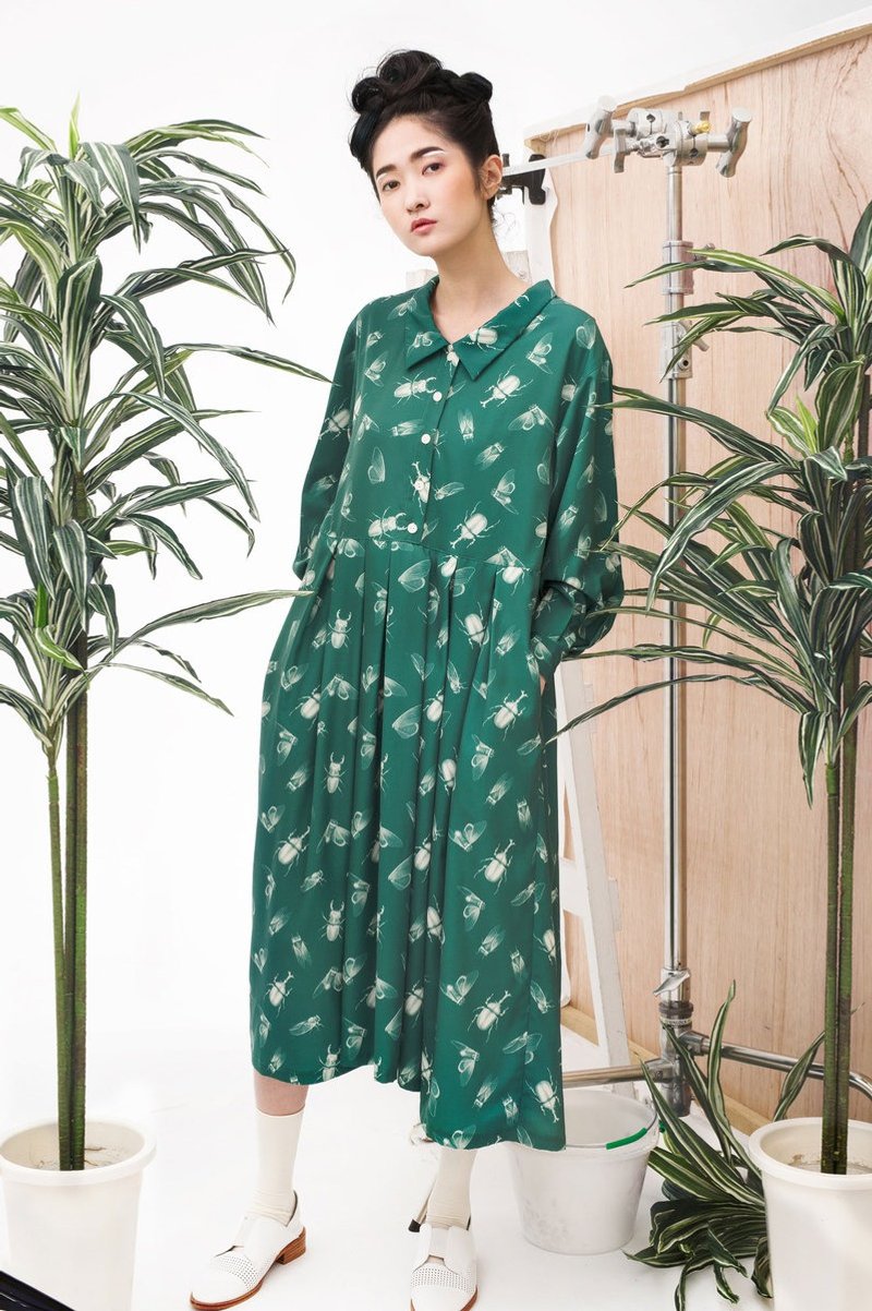 tan tan x Hsiao-Ron Cheng / beetles pleated long dress - One Piece Dresses - Polyester Green