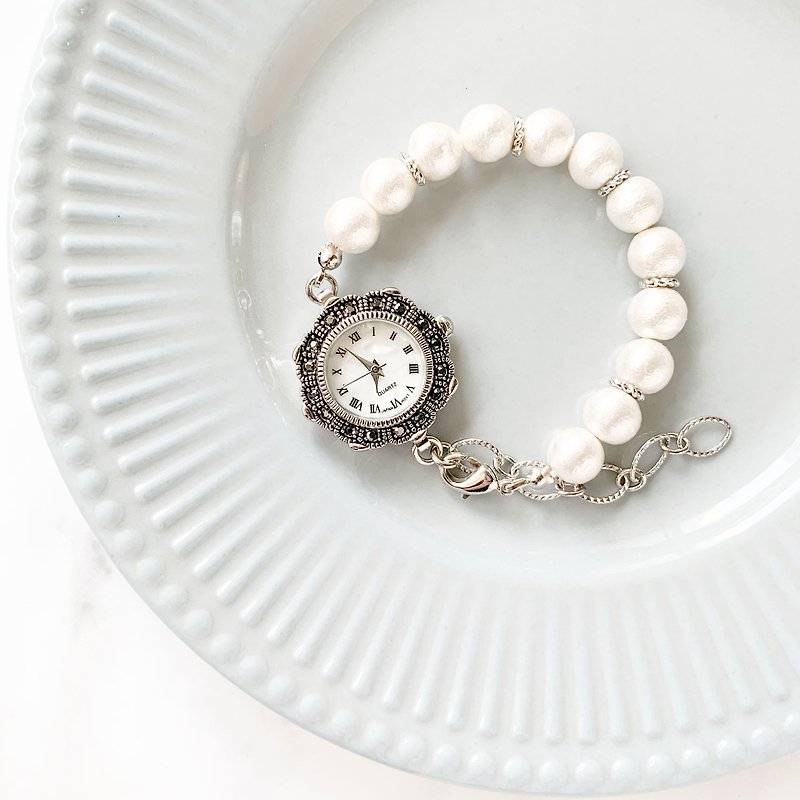 Elena Cotton pearl bracelet watch LI011 - นาฬิกาผู้หญิง - โลหะ สีเงิน