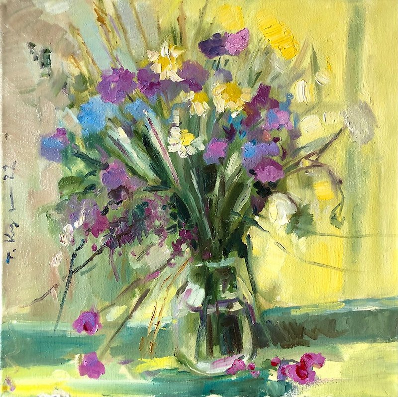 wildflowers Painting, oil painting on canvas, Hand-painted, Summer bouquet - โปสเตอร์ - ผ้าฝ้าย/ผ้าลินิน 