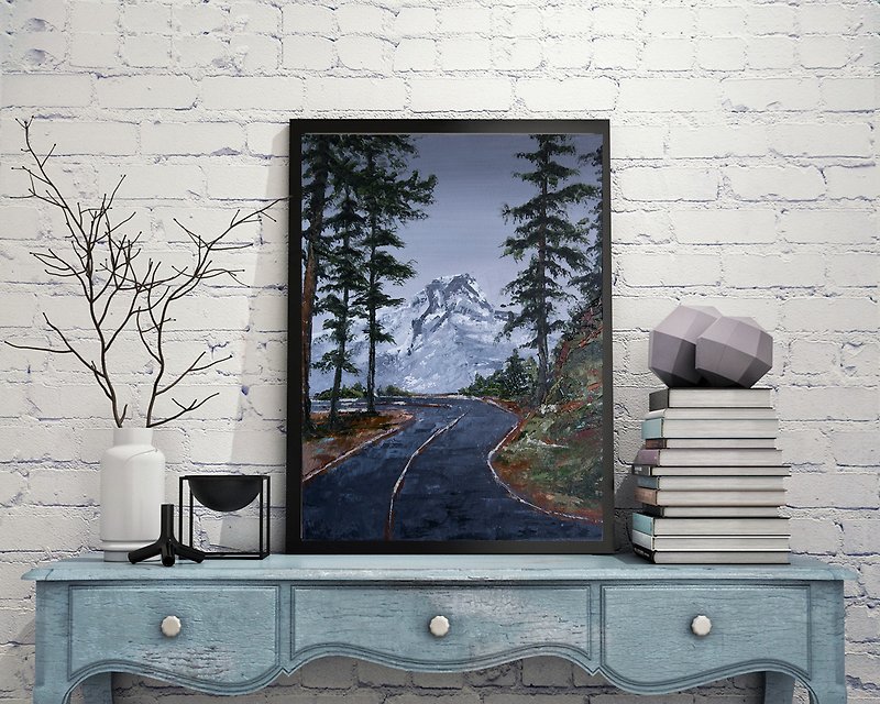 Original Mountain Forest Oil On Panel Painting 30*40cm - Wall Décor - Wood Blue