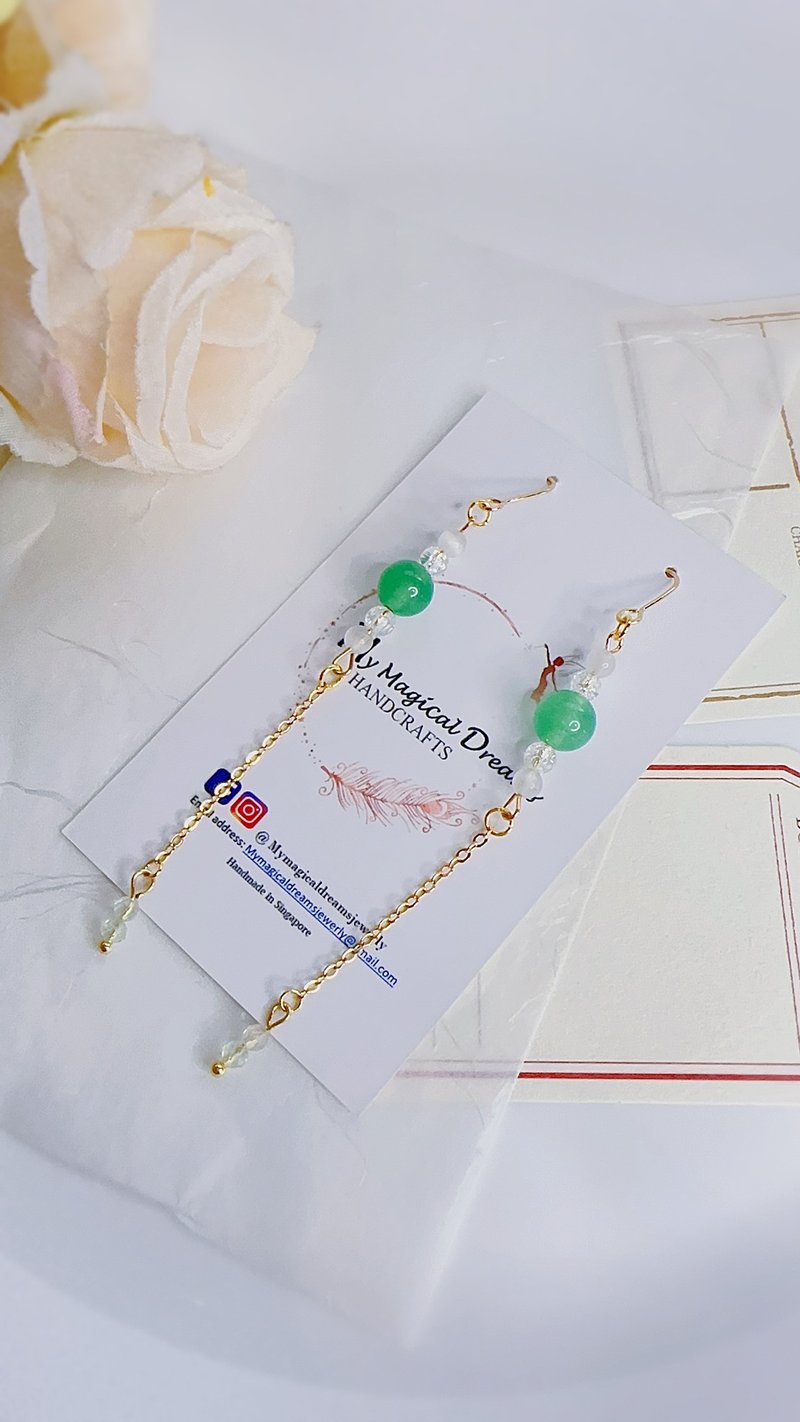 Natural Green Jade White Quartz Long Dangle Earrings | K18 Gold - Earrings & Clip-ons - Jade 