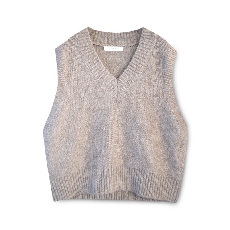 【Simply Yours】V-neck loose knitted vest Oatmeal F - เสื้อกั๊กผู้หญิง - ผ้าฝ้าย/ผ้าลินิน สีกากี