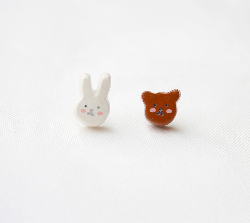 Handmade rabbit and bear  earrings - Earrings & Clip-ons - Clay Brown