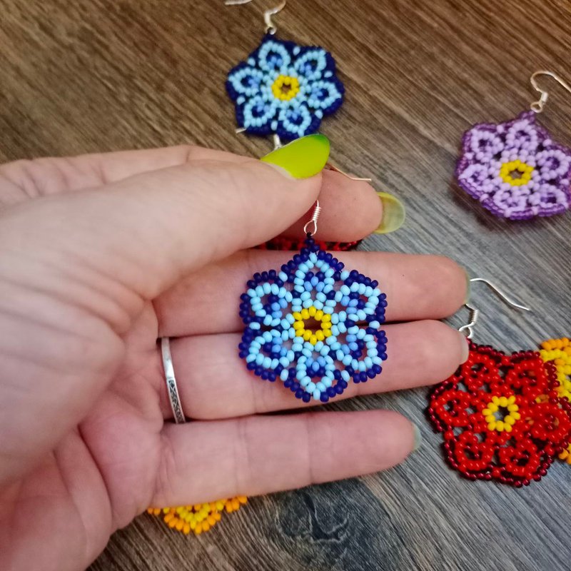 Dangle earrings Flower earrings Fall earrings Beaded earrings Botanical earrings - Earrings & Clip-ons - Silver Multicolor