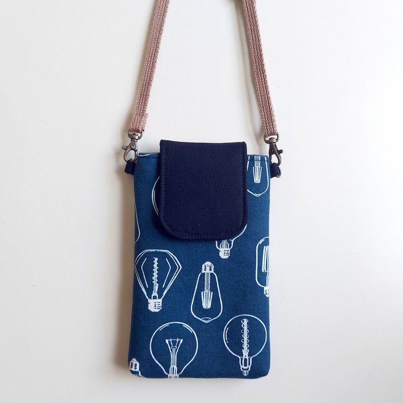 Crossbody/Neck Hanging Phone Bag-Dark Blue Tungsten Light Bulb - เคส/ซองมือถือ - ผ้าฝ้าย/ผ้าลินิน 