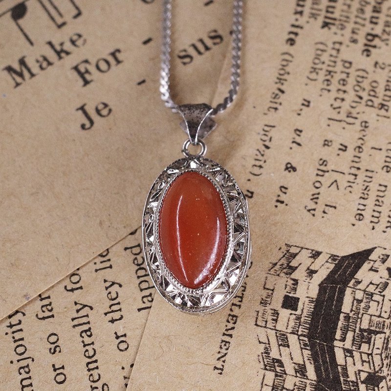 Retro Vintage orange Stone S925 Silver platform necklace old piece - สร้อยคอ - เครื่องเพชรพลอย สีส้ม