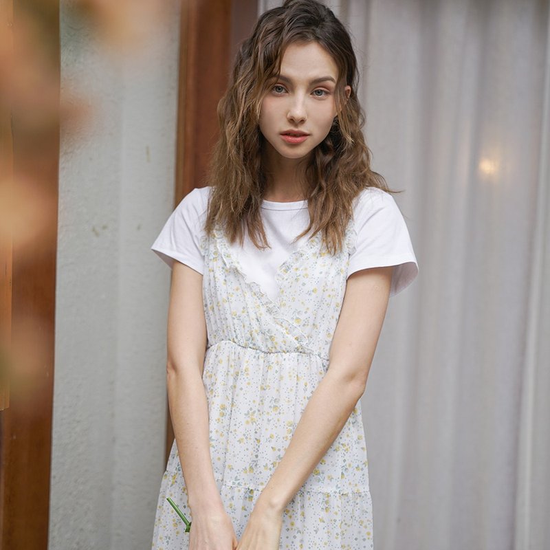 Hana Mokuba temperament faux two piece floral chiffon suspender dress - One Piece Dresses - Other Materials 