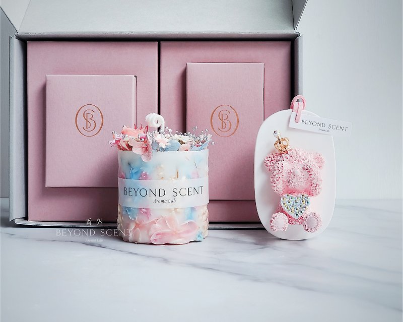 Dried Flower Candle & Diamond Bear Fragrance Gift Box - Fragrances - Wax Pink
