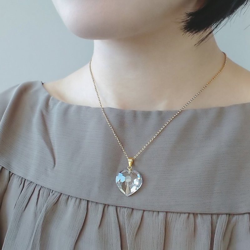 Natural Clear Quartz Crystal Faceted Heart Pendant 14Kgf Necklace 18mm - สร้อยคอ - คริสตัล ขาว