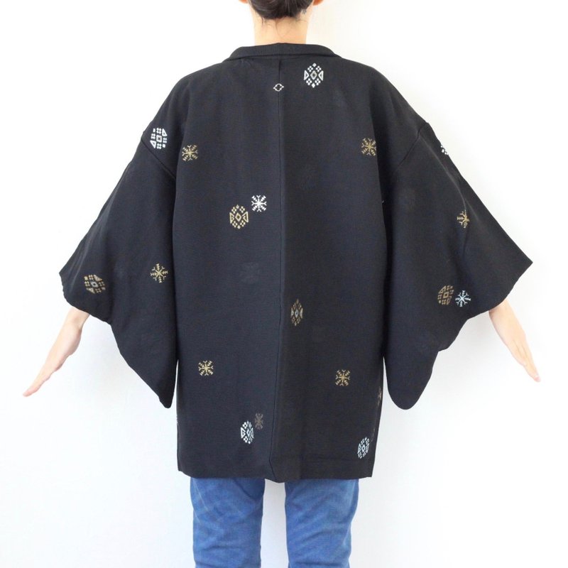 black haori with gold, silver motif, kimono jacket, Japanese fashion /4053 - Women's Casual & Functional Jackets - Polyester Black
