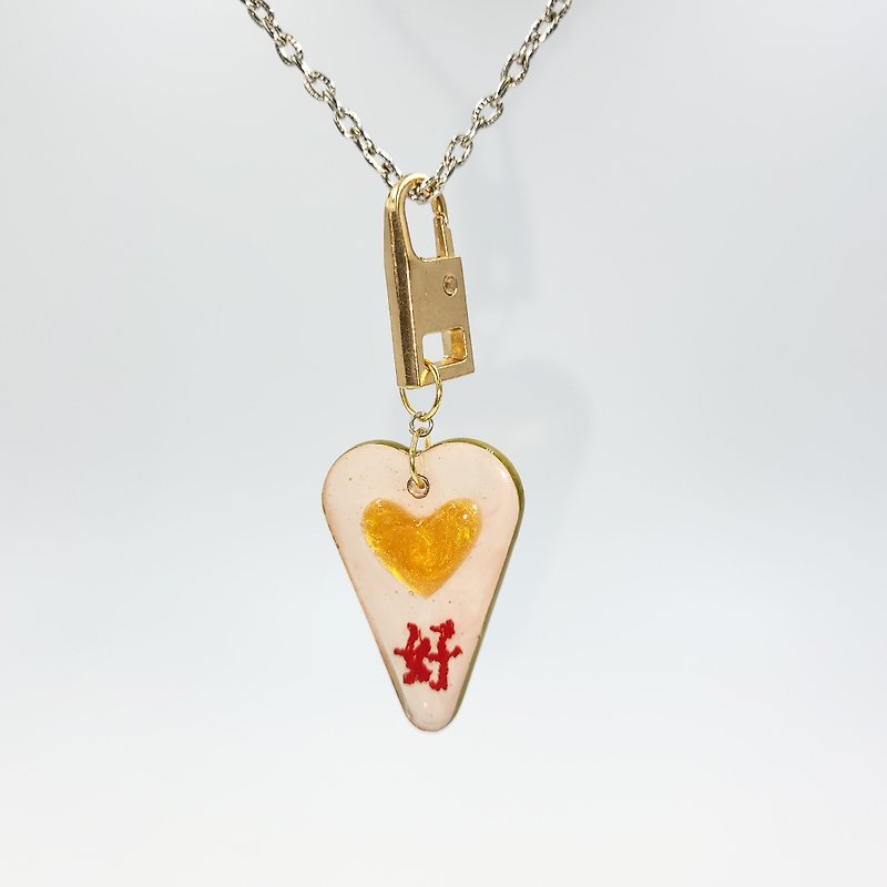 Original Handmade Design/ Computer Embroidered Text Zipper Pendant/ Double Heart - พวงกุญแจ - เรซิน สีส้ม