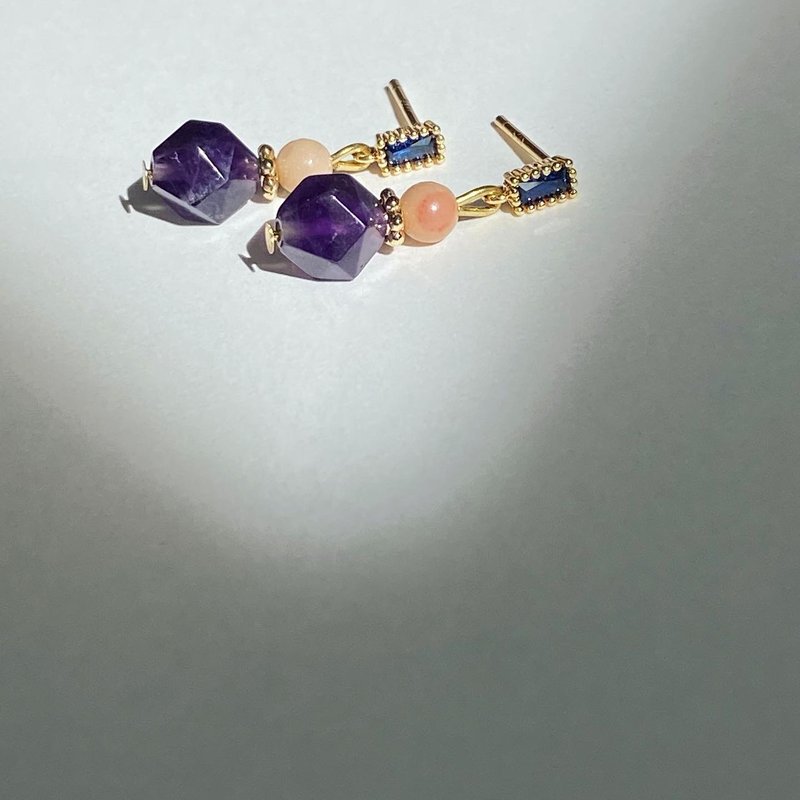 【Lost and find】Natural stone amethyst rhodonite earrings - Earrings & Clip-ons - Gemstone Purple