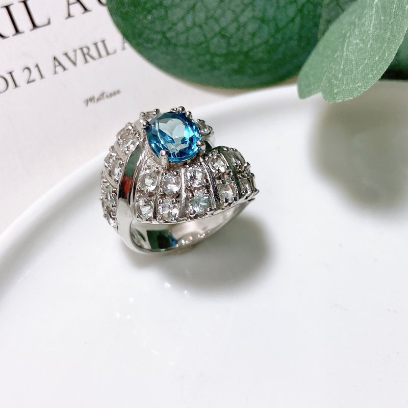 【西洋古董飾品】精品整顆天然拓帕石 藍白寶石925純銀手工 戒指 - 戒指 - 貴金屬 藍色