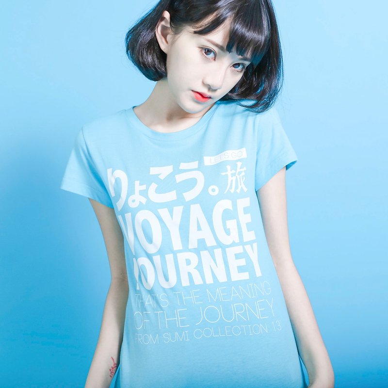 Travel 旅行語言T-shirt_合身版_6SF008_天空藍/白 - 女 T 恤 - 棉．麻 藍色
