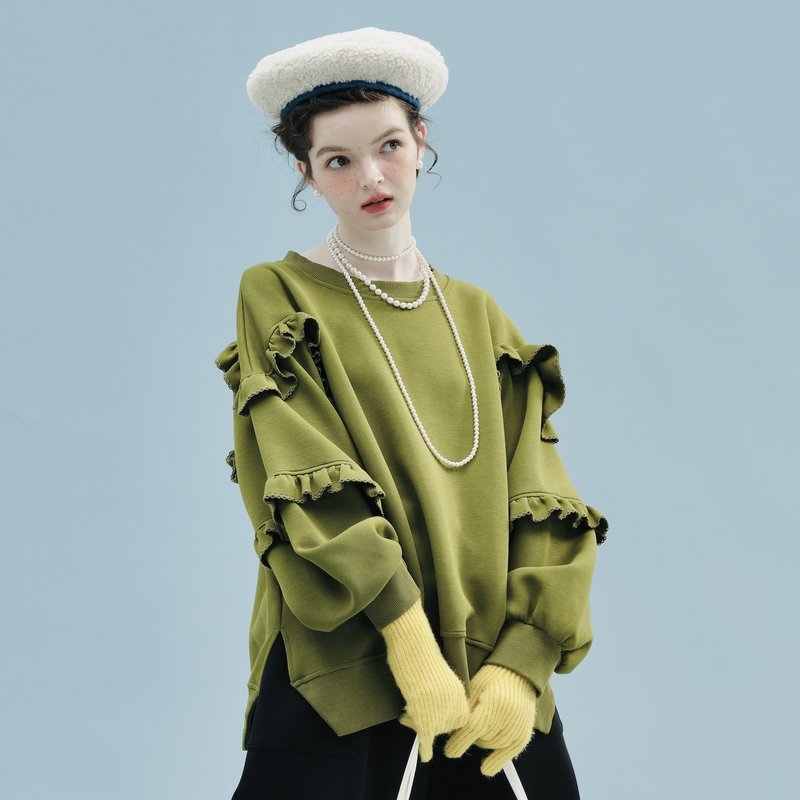 橄欖綠花袖上衣 / 空氣棉 加厚 - 女上衣/長袖上衣 - 棉．麻 綠色