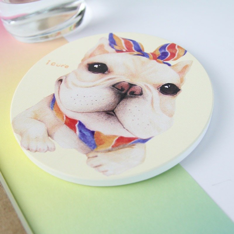 icure water coaster-i magic-hand-painted style H8. Hair band French fighting dog - ที่รองแก้ว - ดินเผา สีเหลือง