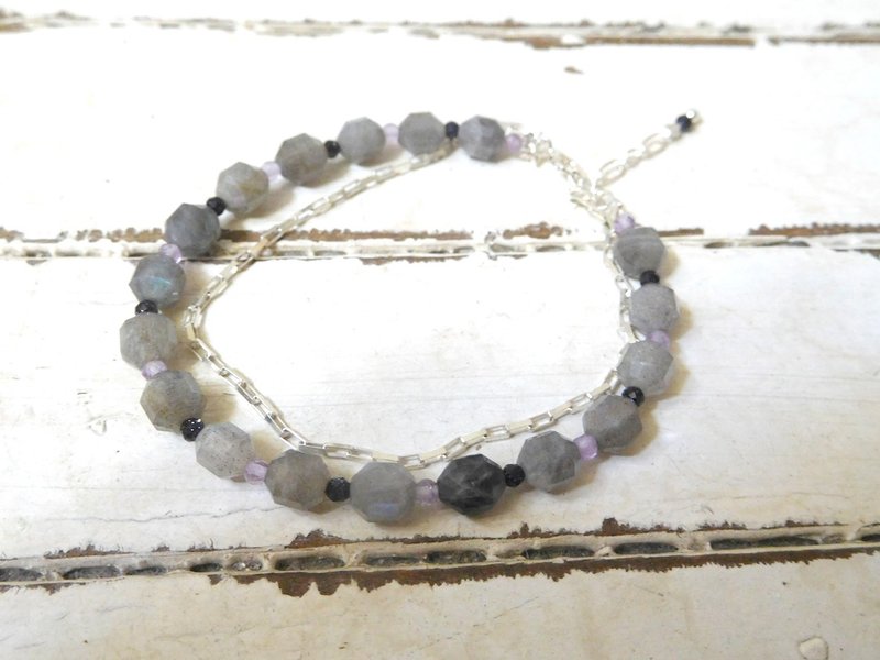 Sterling Silver Statement Labradorite Amethyst Double Layer Bracelet - Bracelets - Other Materials Gray