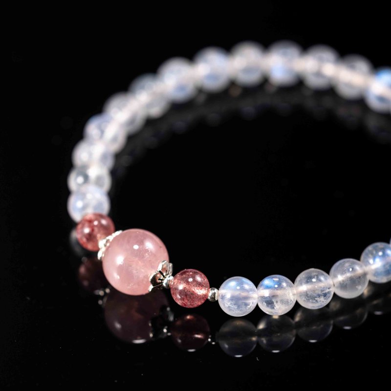 Moonstone, Strawberry Rose Quartz, 925 Sterling Silver Findings Bracelet - Bracelets - Semi-Precious Stones Transparent