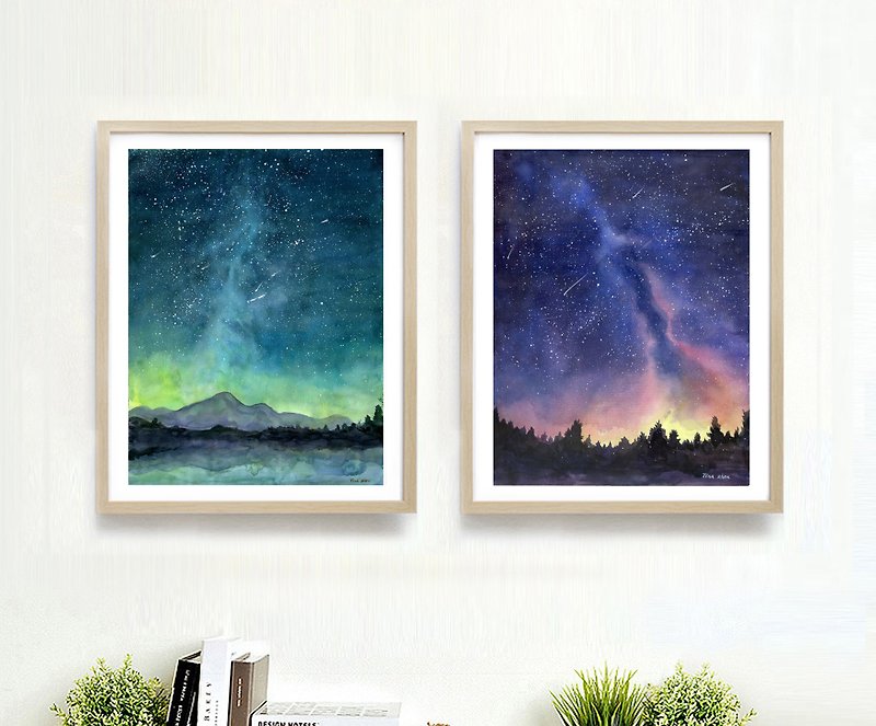 Nordic style home poster-starry sky watercolor painting-bedroom decoration painting-homestay-landscape-home decoration blessing bag - โปสเตอร์ - กระดาษ 