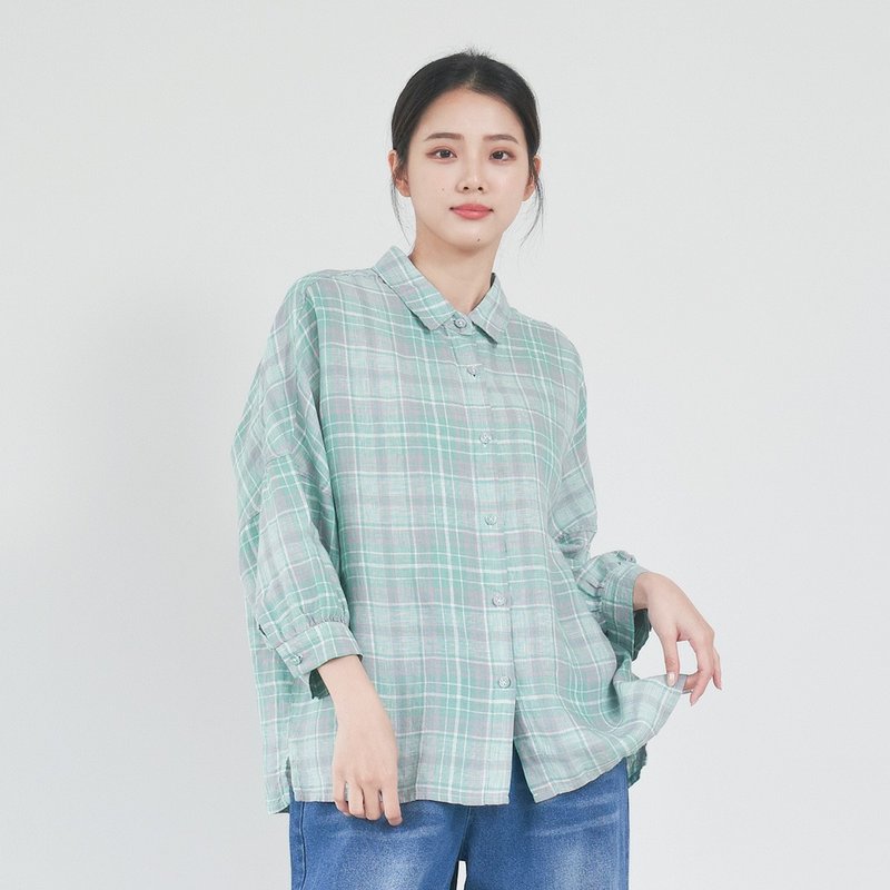 Check Linen Shirt Green F - Women's Shirts - Cotton & Hemp Green
