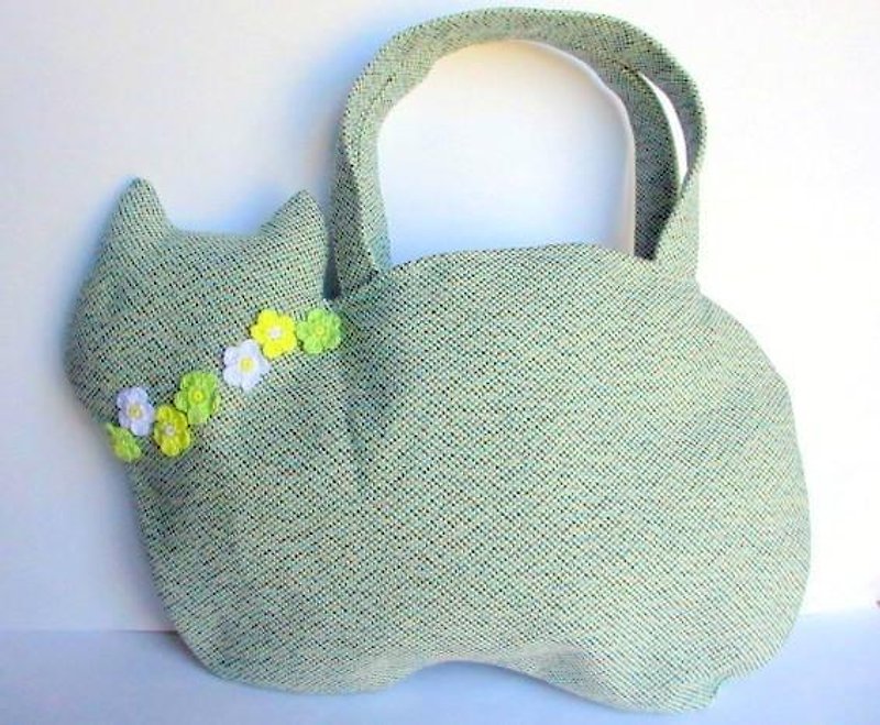 Feline flower motif cat bag * Green - Handbags & Totes - Cotton & Hemp Green