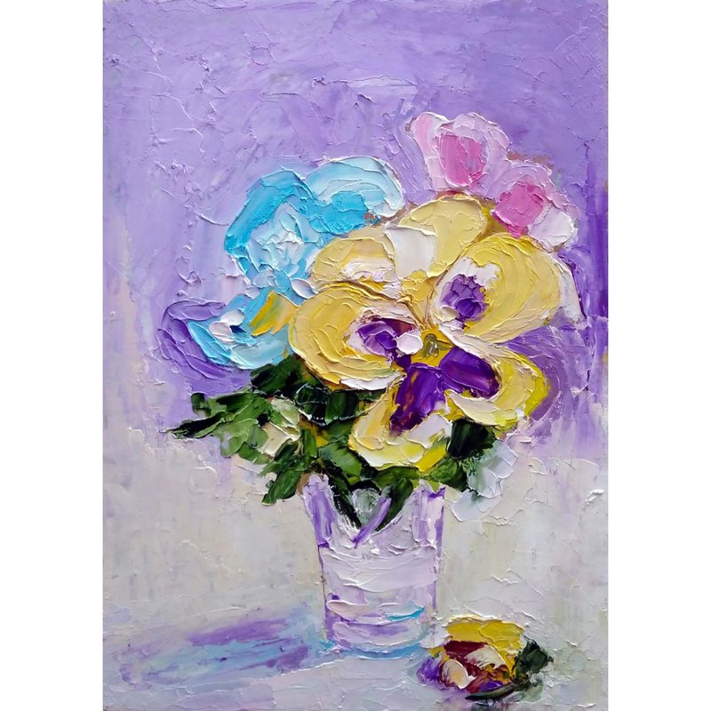 Bouquet of Violets Painting Original Art Small Flower Artwork Floral Wall Art - โปสเตอร์ - วัสดุอื่นๆ หลากหลายสี