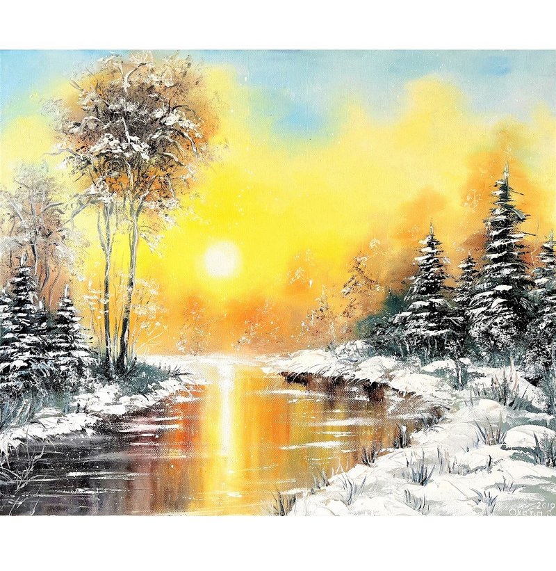 Winter Painting Snow Scene Original Art Landscape Wall Decor 46x55 cm/ 18x22 in - Posters - Cotton & Hemp Multicolor