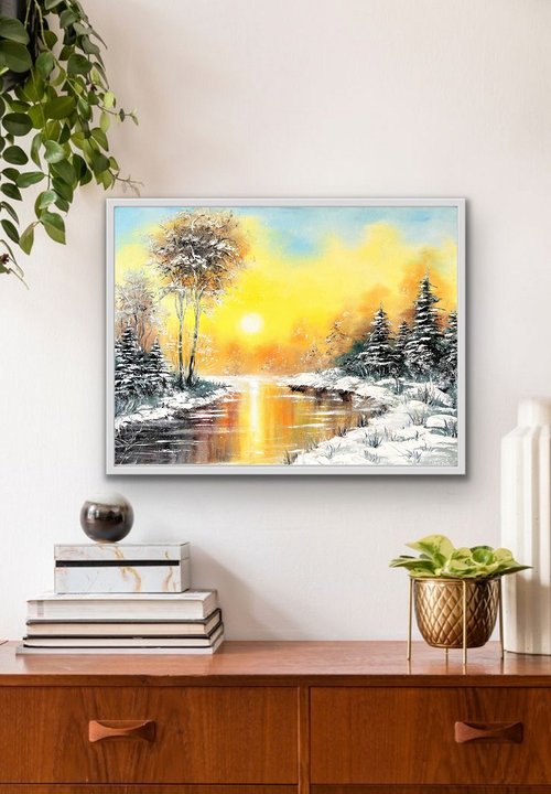 絵画 インテリア　絵　油絵　uF6-060204　風景　雪景色 絵画 インテリア 絵 油絵 uF6-060204 風景 雪景色 額付き (白