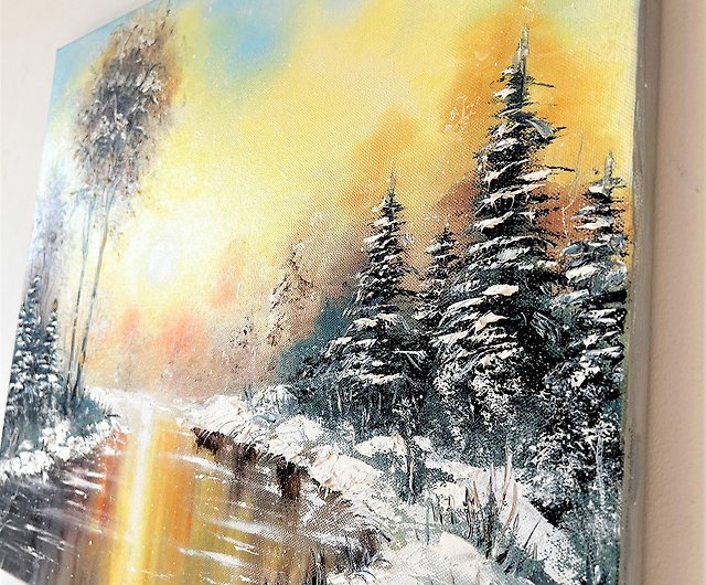 冬の絵画雪景色オリジナルアート風景壁装飾 46x55 cm/18x22 インチ 