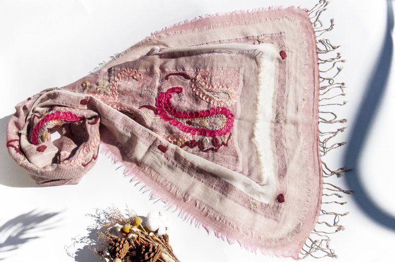 喀什米爾Cashmere/水煮羊毛披肩/針織圍巾/刺繡圍巾/羊絨披巾-花 - 圍巾/披肩 - 羊毛 綠色