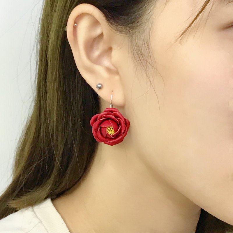 Leather Camellia Earrings - Earrings & Clip-ons - Genuine Leather Red