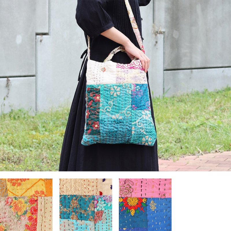 [Pre-order] Indian-made vintage patchwork ethnic embroidery side backpack - กระเป๋าแมสเซนเจอร์ - ผ้าฝ้าย/ผ้าลินิน สีน้ำเงิน