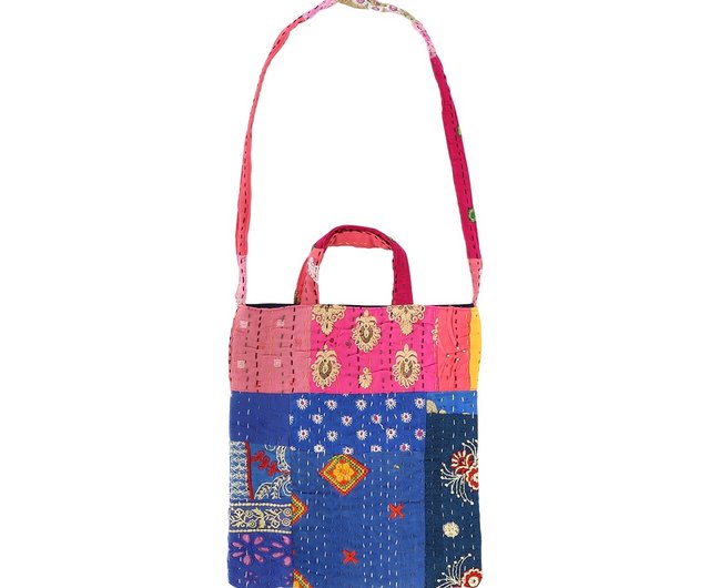 ビクトリアンな感じのバック　パッチワーク　刺繍バック お取り寄せ】カンタ刺し子刺繍のパッチワークトートバッグ