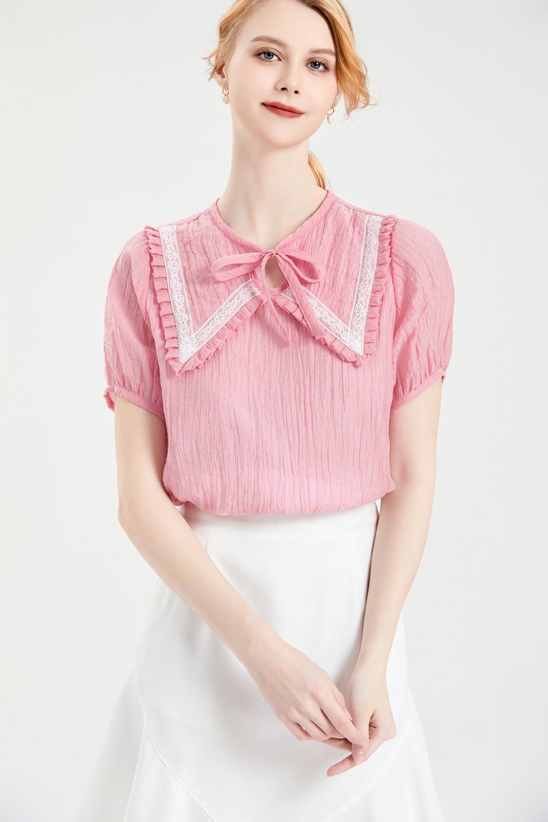 Round Neck Pressed Bow Lace Top | Pink | Lined - เสื้อผู้หญิง - เส้นใยสังเคราะห์ สึชมพู