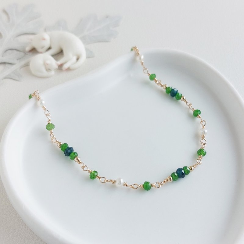 Green Diopside + Silicon Boron Magnesium Aluminum + Freshwater Pearl x 14KGF Bracelet - สร้อยข้อมือ - เครื่องประดับพลอย สีเขียว