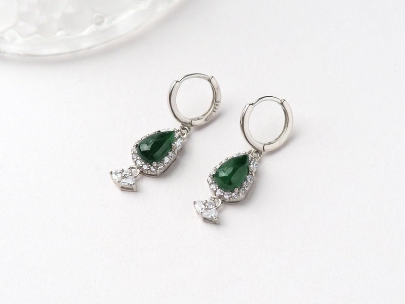 Fuzi | Ice drop-shaped dark green jade | Natural jade earrings - ต่างหู - เครื่องเพชรพลอย สีเขียว