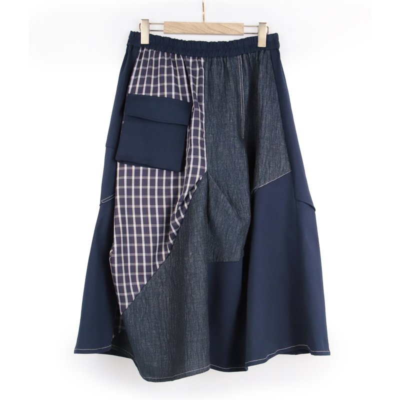 藍/白線藍格 - 拼接抓褶長裙 #T6077 - 裙子/長裙 - 棉．麻 藍色