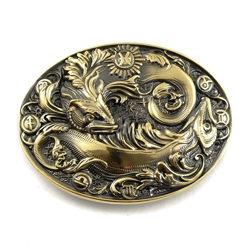 Pisces soild brass belt buckle, Astrological Zodiac Sign belt accessory - Belts - Other Materials Gold