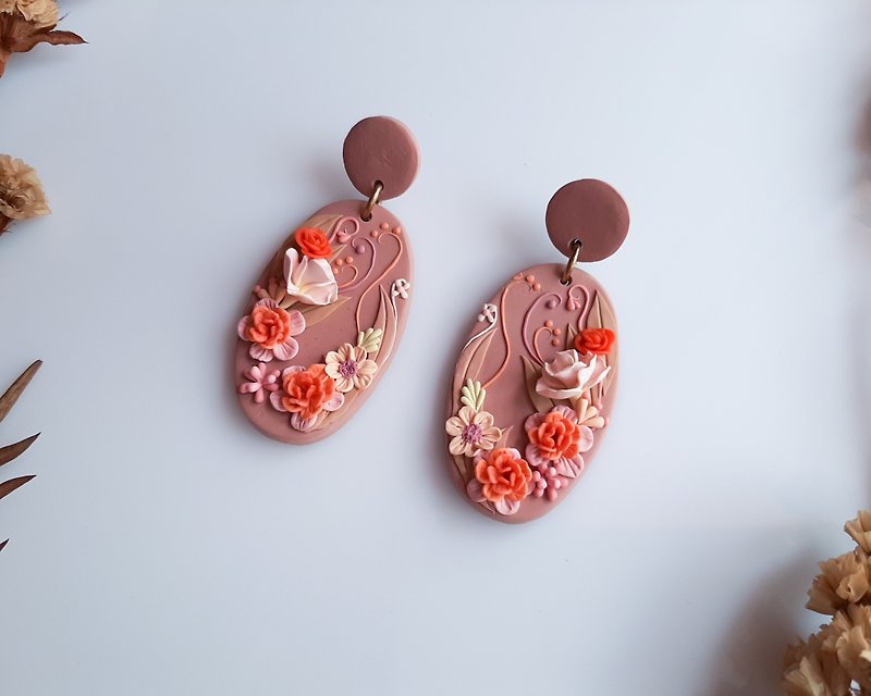 Floral earrings Polymer clay earrings Handmade flowers earrings - Earrings & Clip-ons - Pottery Purple