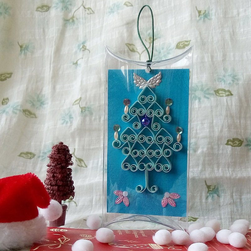 Handmade paper roll Christmas card strap light blue long box - Charms - Paper Blue