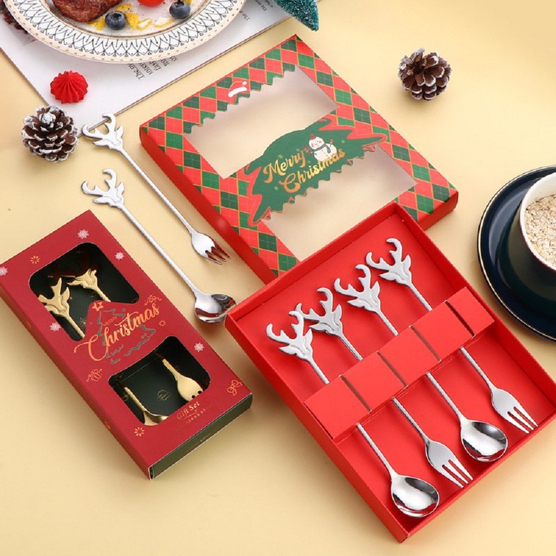 GELLIS Nordic Reindeer Fork & Spoon Set_Silver Christmas Gift Box Set - ช้อนส้อม - สแตนเลส สีเงิน