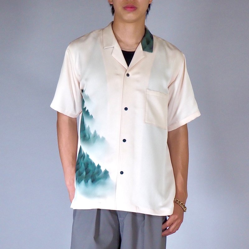 【日本製造】復古絲綢和服翻版、男士襯衫 M、半袖、按扣 - 男襯衫/休閒襯衫 - 絲．絹 白色